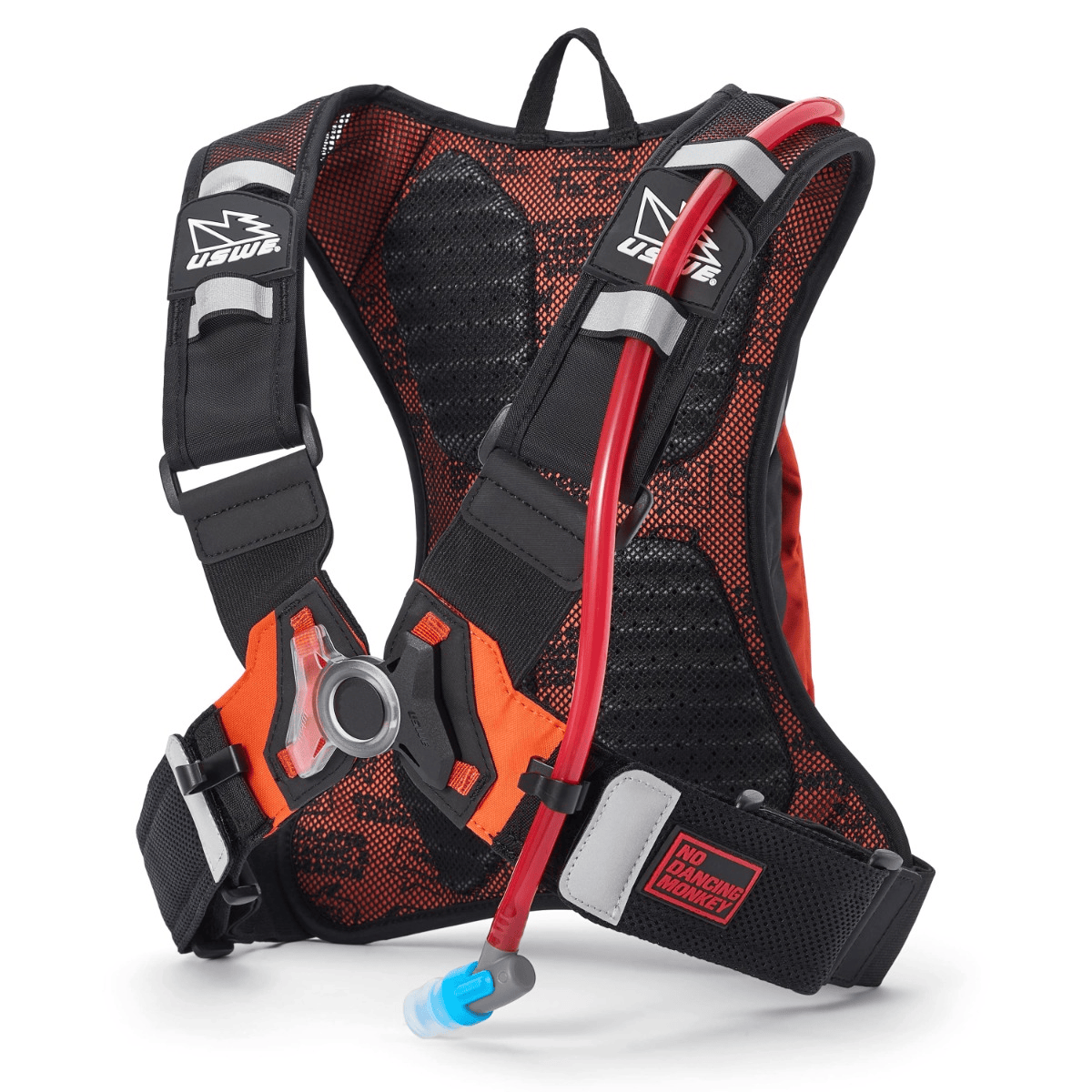 USWE Moto Hydro 3L Black/Orange Hydration Pack - back view with NDM 1.2 harness