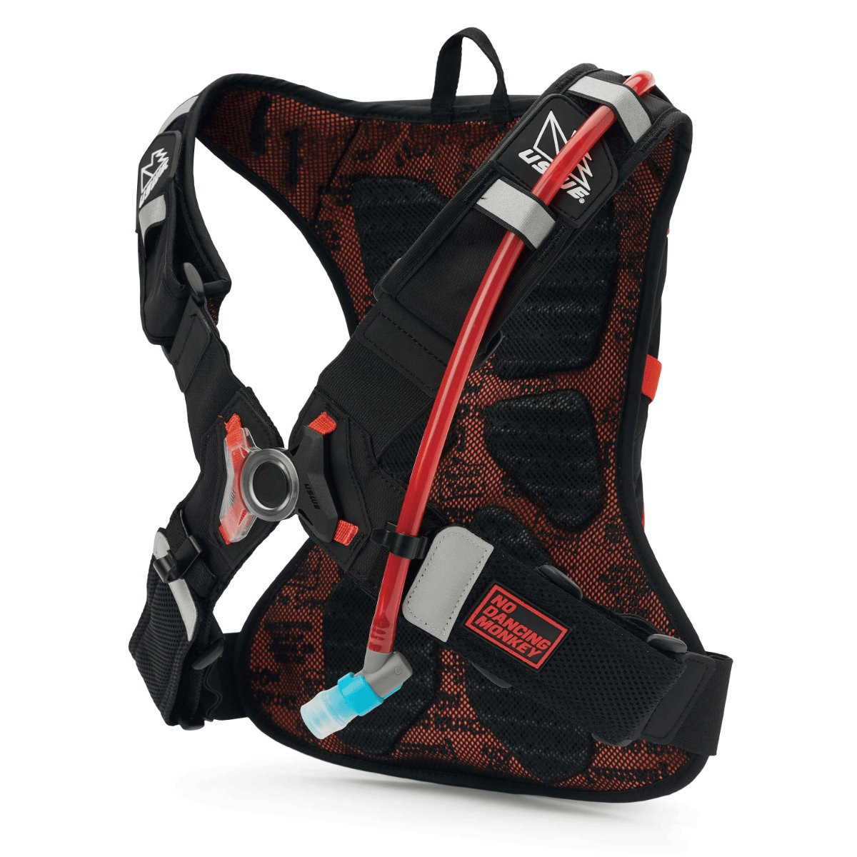 USWE Moto Hydro 4L Orange Hydration Pack - back view with NDM 1.2 harness