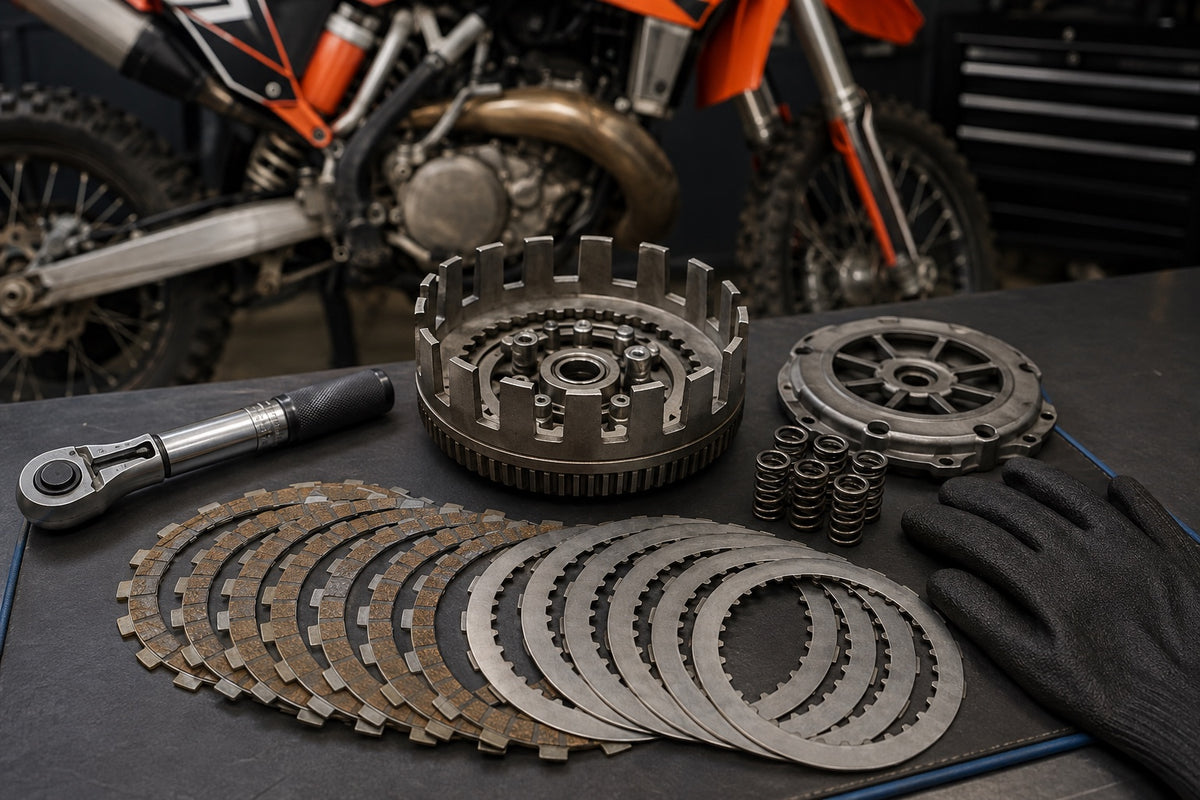 Wet clutch plates, basket and springs prepared for KTM 300 EXC replacement