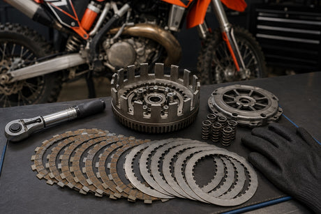 Wet clutch plates, basket and springs prepared for KTM 300 EXC replacement