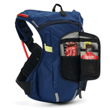 USWE Moto Hydro 4L Blue Hydration Backpack - open organizer pocket with energy gels and snacks