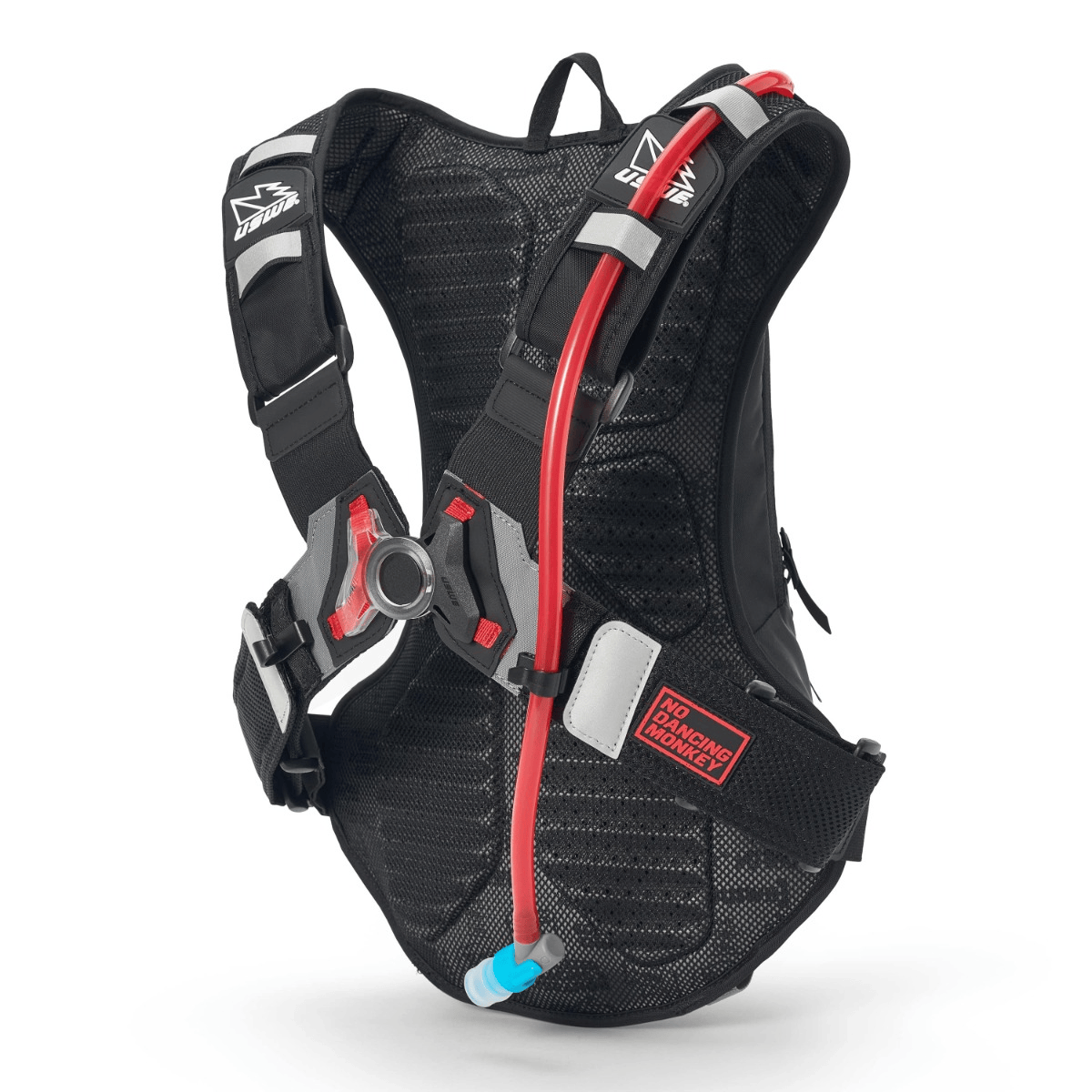 USWE Moto Hydro 12L Hydration Pack - back view with No Dancing Monkey harness